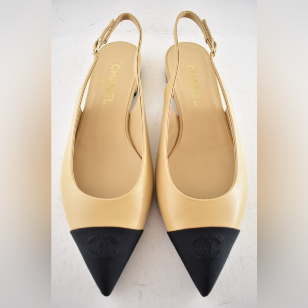 Chanel 24A Beige Leather Black CC Logo Coco Slingback Pointed Ballet Flat 39 - Picture 5 of 15